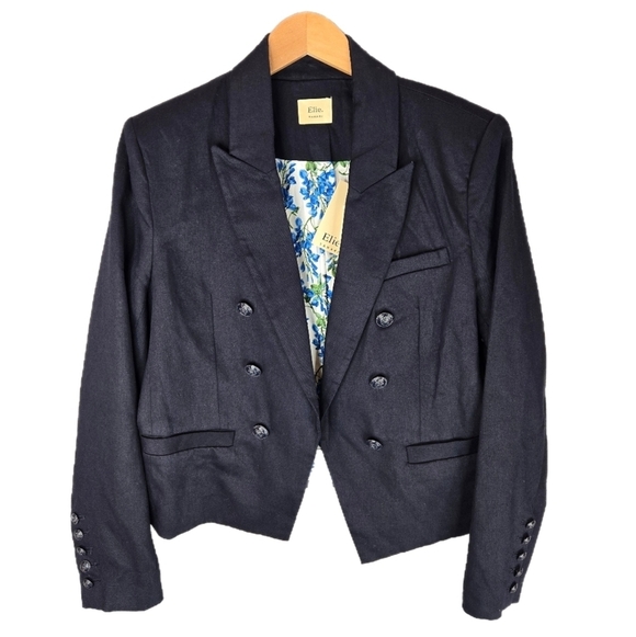 Elie Tahari Jackets & Blazers - Elie Tahari Womens Linen Blend Crop Blazer Sz 8 Crest Buttons Open Front Lined